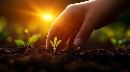 Fototapeta premium Hand carefully tending to young plants in soil with golden sunlight illuminating the scene : Generative AI