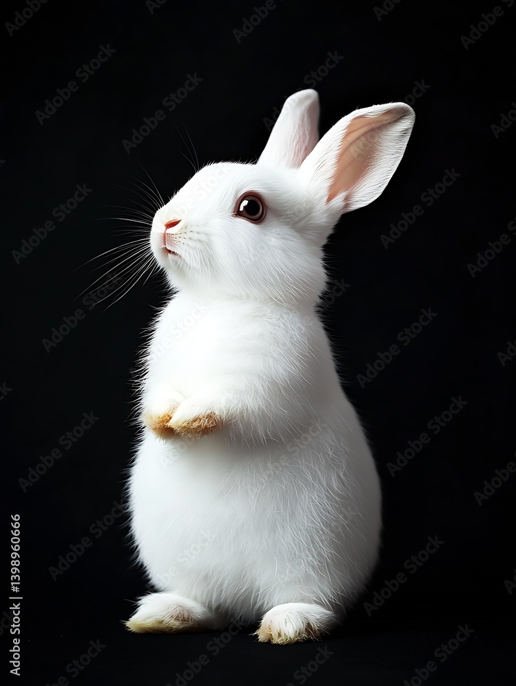 Poster charming fluffy white bunny in an upright position with a curious gaze set against a dark backdrop :