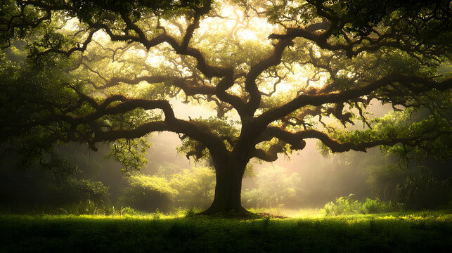 Large Majestic Tree Illuminated By Morning Sunlight In A Forest