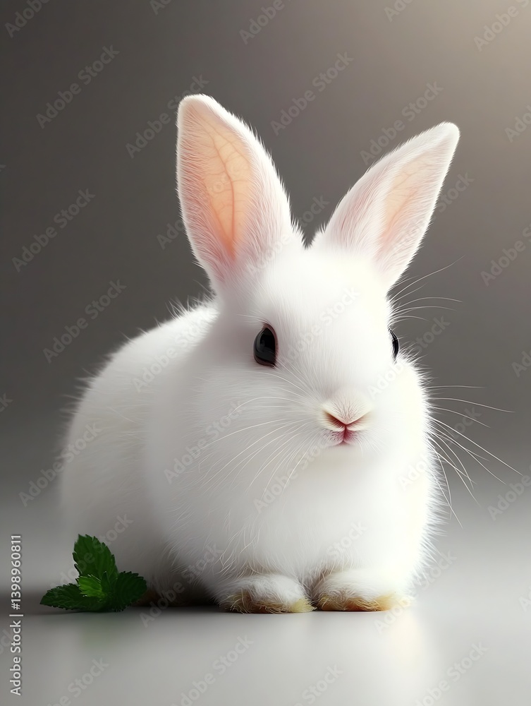 Aufkleber Charming white rabbit with soft fur and green mint leaf on studio setting background : Generative AI