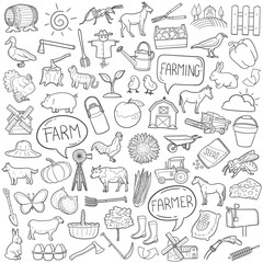 Farmer Doodle Line Art Illustration. Hand Drawn Vector Clip Art Set.