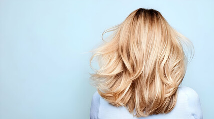 Naklejka premium Woman With Blonde Hair In Light Blue Background