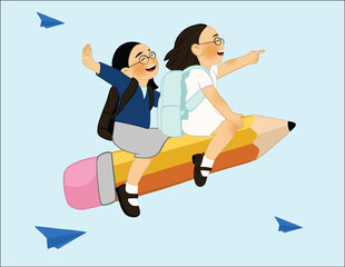 Kids Flying Pencil Illustration