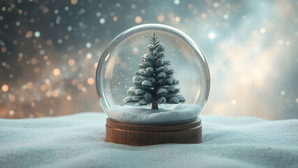 Christmas Tree Snowglobe Still Life Snowy Night Background . Magical Winter Wonderland Holiday Festive Globe Decoration