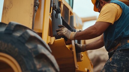 A Hispanic construction worker placing heavy equipment at a construction site. Featuring strength and skill