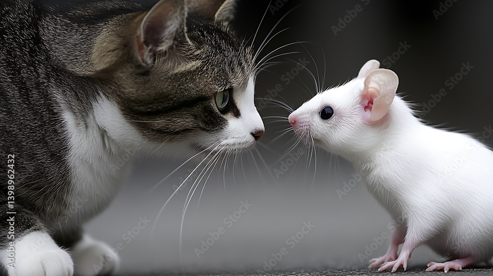 Poster endearing interaction between a playful white mouse and an inquisitive cat in a cozy indoor setting 