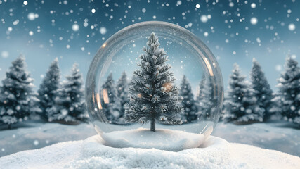 Winter Night Snowglobe with Miniature Tree Still Life . Magical Festive Christmas Holiday Landscape Globe Background
