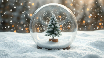 Winter Still Life Christmas Snowglobe Miniature Tree Bokeh . Magical Festive Holiday Snow Globe Decoration Background