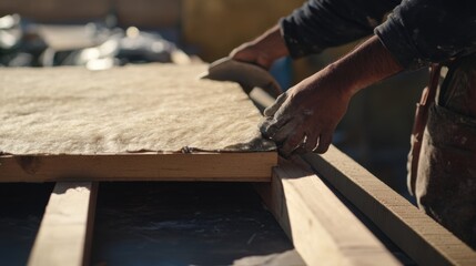 A Hispanic construction worker placing insulation material on a roof. Featuring craftsmanship and attention to detail