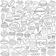 Fast Food Doodle Line Art Illustration. Hand Drawn Vector Clip Art. Banner Set Sketch Set.	