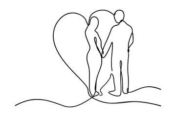 Continuous Line Art Of Couple In Love With Heart Shape Symbolizing Connection Romance Affection And Togetherness On White Background Minimalist Illustration