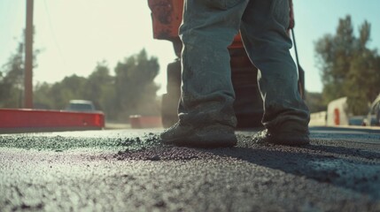 A Hispanic construction worker pouring asphalt for road paving at a construction site. Featuring precision and focus