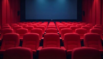 Obraz premium Rows of red velvet seats watching movies the cinema with banner background. Entertainment & Theater concept. 3D illustration rendering created with generative ai