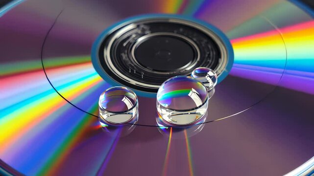Captivating light refraction and color play with water droplets on a shimmering cd surface
