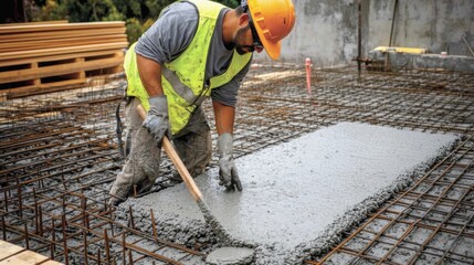A Hispanic construction worker pouring concrete at a construction site. Featuring precision and strength