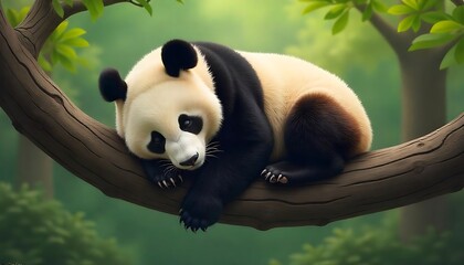 Obraz premium Lazy Panda Bear Sleeping on a Tree Branch created with generative ai