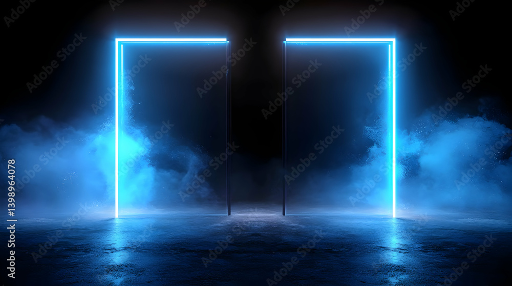 Poster glowing neon blue rectangle frames in dark empty space