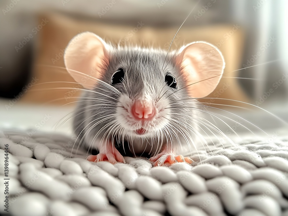 Poster adorable close up of a cute gray mouse with large ears sitting on a cozy textured surface : generati