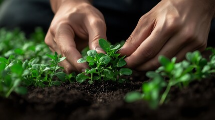 Fototapeta premium Hands of a gardener carefully planting seedlings in the garden soil to ensure their healthy development and vitality : Generative AI
