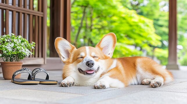 Relaxed corgi lying on a traditional Japanese porch in summer
