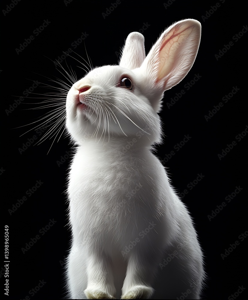 Poster lovely white rabbit with vibrant eyes staring upward on a minimalist dark backdrop : generative ai