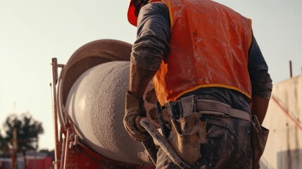 A Hispanic construction worker preparing a cement mixer at a construction site. Featuring preparation and care