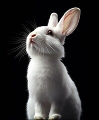 Obraz premium Lovely white rabbit with vibrant eyes staring upward on a minimalist dark backdrop : Generative AI