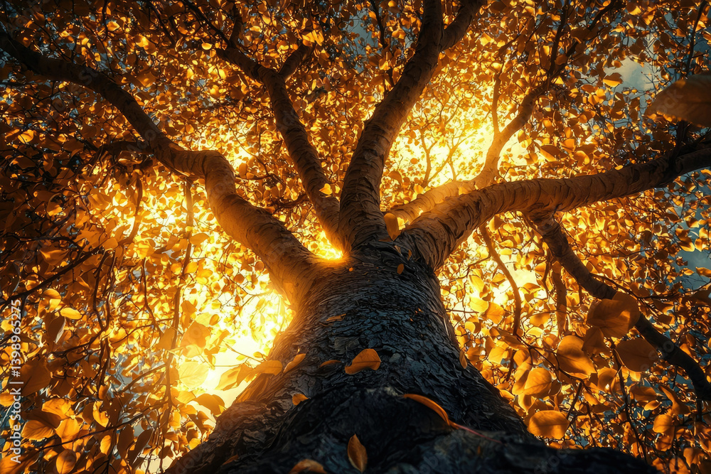 Poster golden autumn leaves illuminate a majestic tree from below, sunlight filtering through branches.