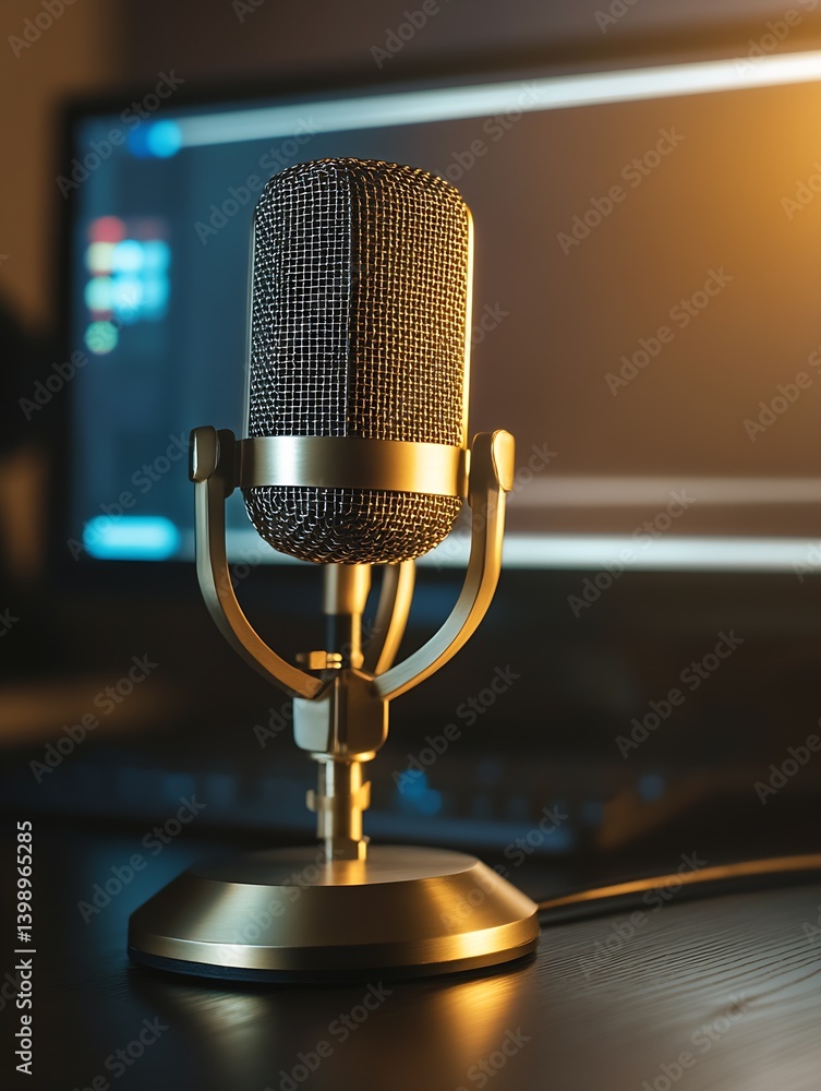 Aufkleber Stylish vintage microphone in front of a computer screen with soft lighting effects for content creators : Generative AI