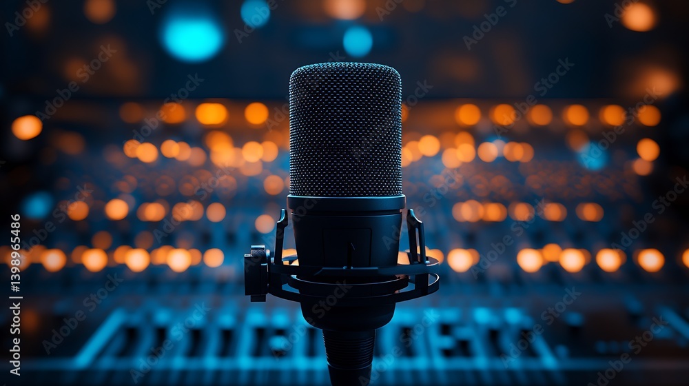 Poster Close up shot of elegant microphone highlighted by blurred lights on audio mixing console background : Generative AI