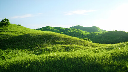 Naklejka premium Green Hills And Meadow Under Sunny Sky