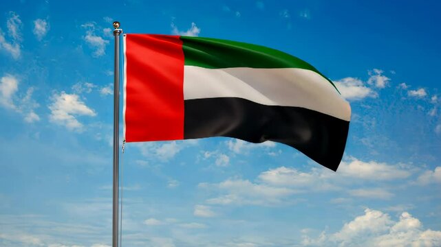 Dynamic uae flag waving against a vibrant desert sky showcasing cultural pride and national identity