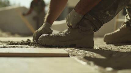 A Hispanic construction worker preparing a floor for tile installation at a construction site. Featuring preparation and precision