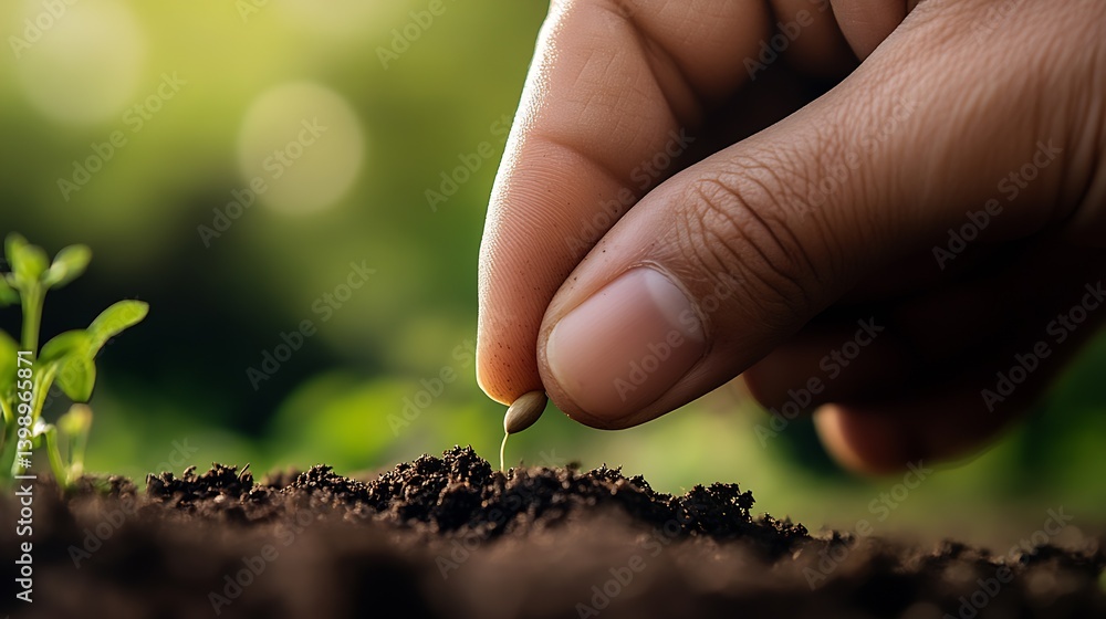 Aufkleber detailed image of a hand planting a tiny seed into dark soil for new beginnings : generative ai