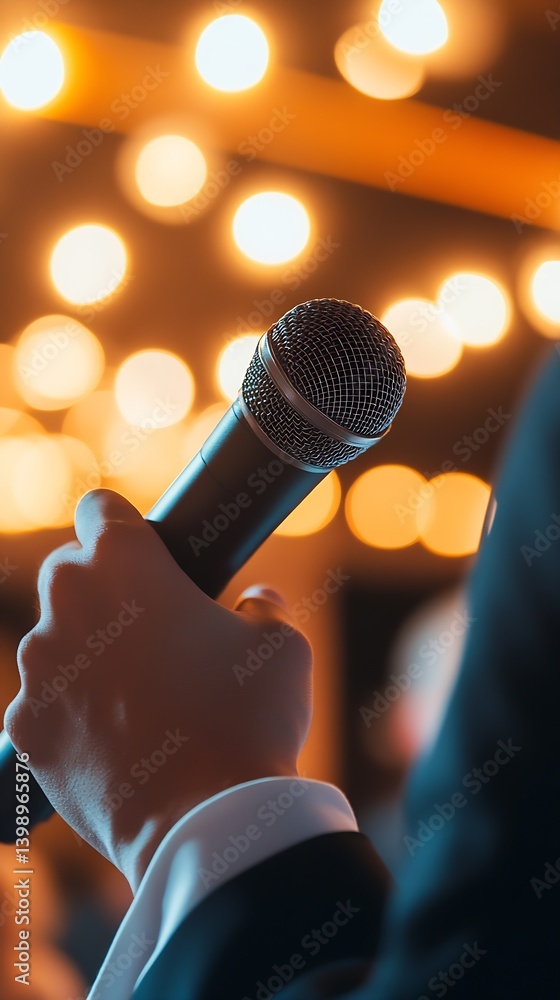 Aufkleber dramatic close up of a microphone held firmly in hand at a festive gathering illuminated by bokeh li
