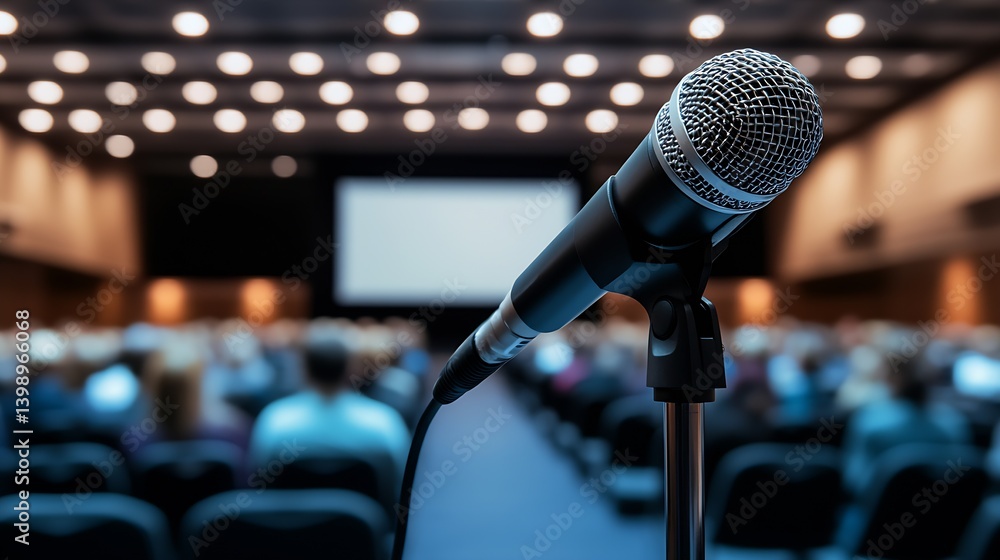 Poster Close Up of a Microphone on a Stand with Audience in a Conference Room Setting : Generative AI