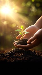 Fototapeta premium Close-up of hands cradling rich soil with a sprouting green plant demonstrating nature's resilience and vitality : Generative AI