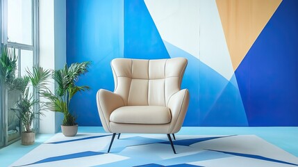 Armchair with tan leather texture centered on sharp blue and white triangular patterns