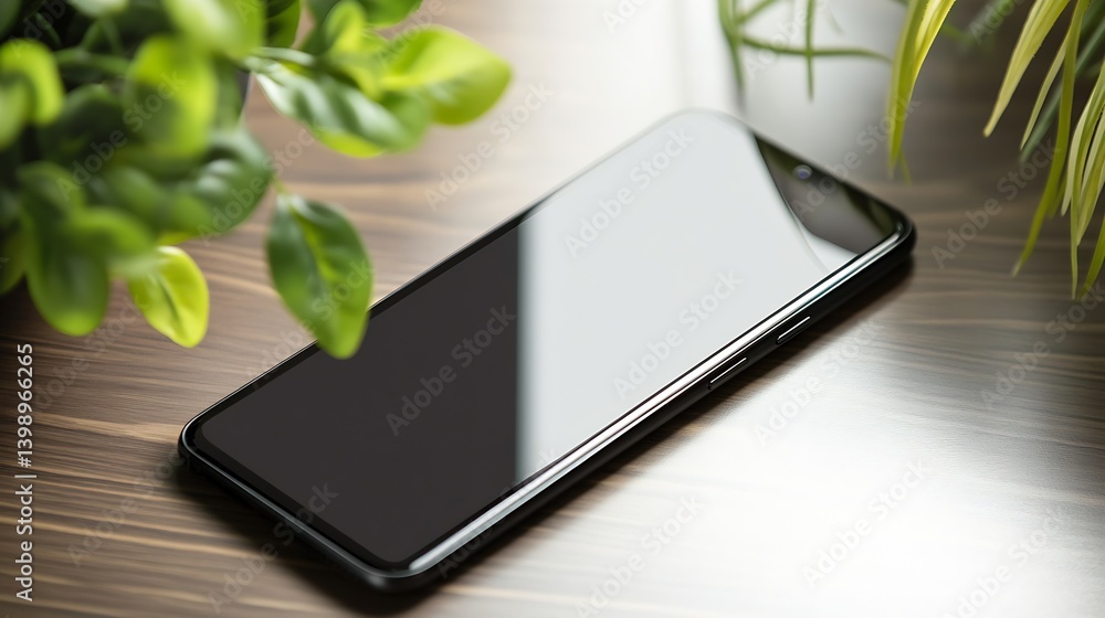 Fototapete sleek smartphone displayed on a polished wooden surface with decorative foliage adding a touch of tr