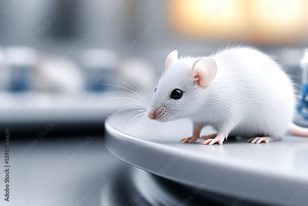 Poster Close up of a white mouse in a laboratory setting exploring its surroundings with scientific equipment : Generative AI