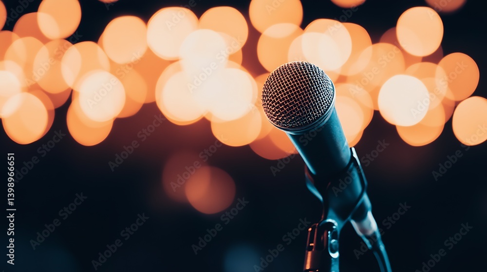 Aufkleber Close Up Image of a Microphone with Bokeh Background for Music and Performance Themes : Generative AI