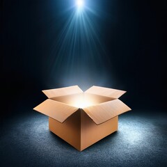 Magical glow emanating from open cardboard box in spotlight