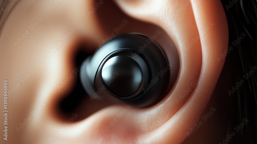 Poster high resolution close up of wireless earbud nested in ear designed for exceptional audio experience 