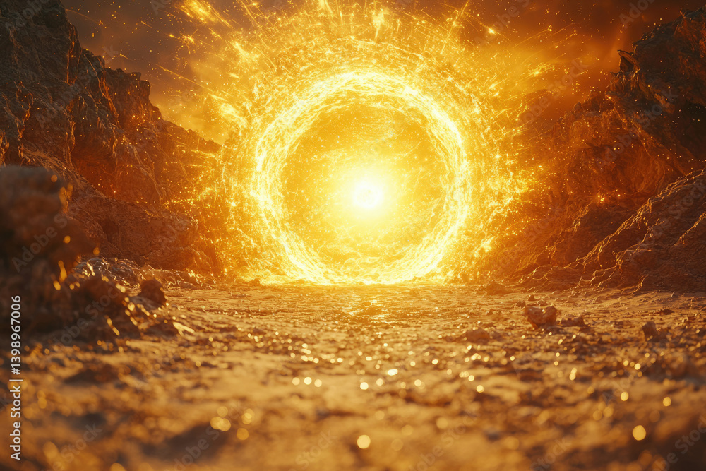 Poster glowing fiery vortex within a desolate, rocky landscape, resembling a celestial portal or gateway.