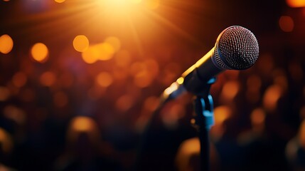 Obraz premium Energizing close up of a microphone highlighting the performance vibe with bright and exciting lighting effects : Generative AI