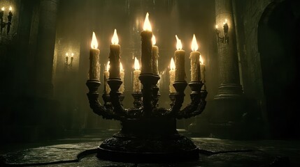 Ancient candles in dark crypt