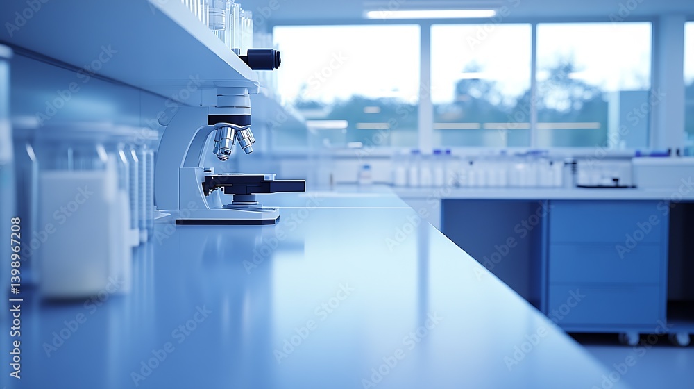 Poster Modern laboratory setting with microscope and clean work surfaces emphasizing scientific research : Generative AI
