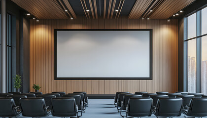 Empty conference room with black chairs, blank white screen mockup