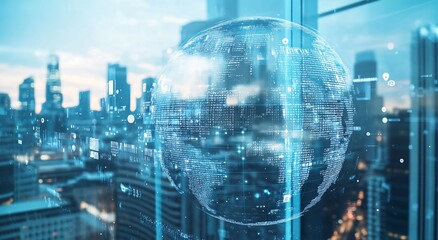 Globe overlay on a cityscape with skyscrapers and a blue sky.