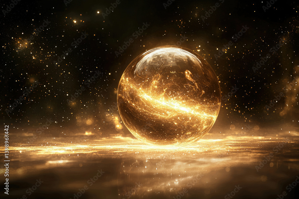 Poster a luminous golden sphere rests on a shimmering surface, surrounded by a cosmic dust cloud.